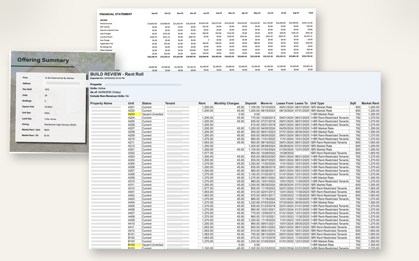 Cactus CRE underwriting source package with OM, financials, and rent roll CRE underwriting source package showing an offering memorandum, T-12 financials, and a detailed rent roll
