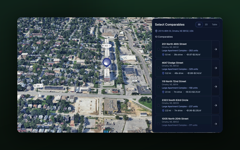 Market Intelligence aerial map showing selected comparable properties