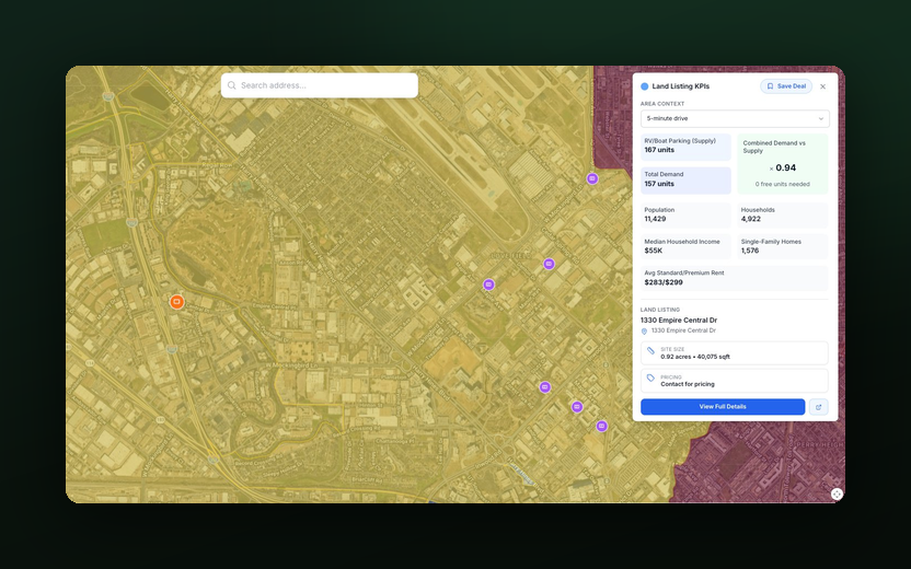 Site Selection map showing land listing KPIs and combined demand versus supply